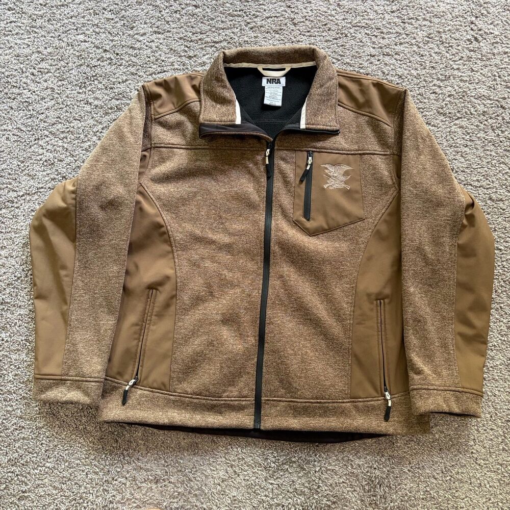 NRA Dakota Ridge Performance Jacket Full Zip Brown Mens Large Soft Shell Fleece